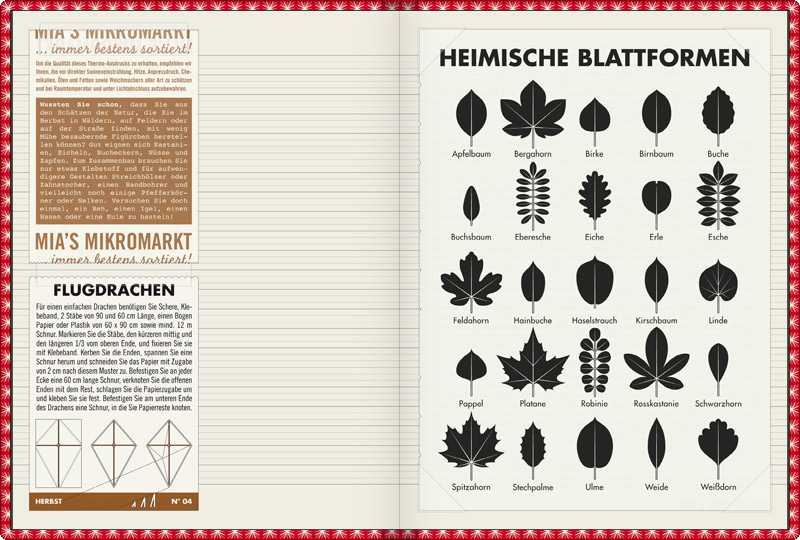 Page in Lily Lux Notizbuch with a practical sheet for Leaf Specification to identify common trees, such as apple, sycamore, birch, pear, beech, boxwood, rowan, oak, alder, ash, maple, hornbeam, hazel, lime, poplar, sycamore, black locust, horse chestnut, blackthorn, maple, holly, elm, willow or hawthorn, by their leaves. 