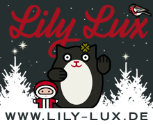 Lily Lux Winter und Weihnachten Banner zur Werbung mit winkender und zwinkernder Winkekatze, Nikolaus, Rotkehlchen und Schnee mit Tannenwald