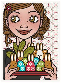 Lily Lux Passbild mit einem Tablett voller bemalter Ostereier und Osterhasen
