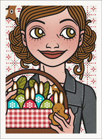Lily Lux Passbild mit einem Picknickkorb voller bemalter Ostereier und Osterhasen