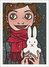 Lily LUx Passbild im Schnee mit einem großen Osterhasen