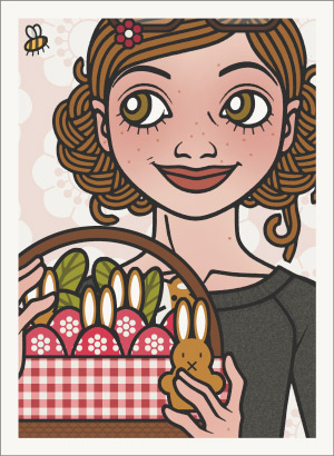 Lily Lux Passbild mit einem Picknickkorb voller bemalter Ostereier und einem Osterhasen in der Hand