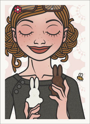Lily Lux Passbild mit Ostereiern aus weißer Schokolade und Zartbitterschokolade mit Hummel