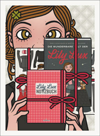 Lily Lux Passbild mit dem Buch Die wunderbare Welt der Lily Lux, Lily Lux Notizbuch und den Lily Lux Kühlschrankmagneten